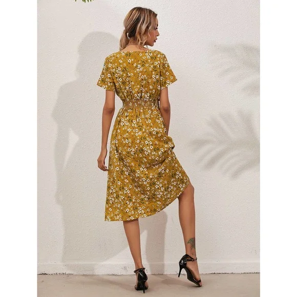 boho yellow Floral Shirred Wrap midi Dress - Picture 5 of 10